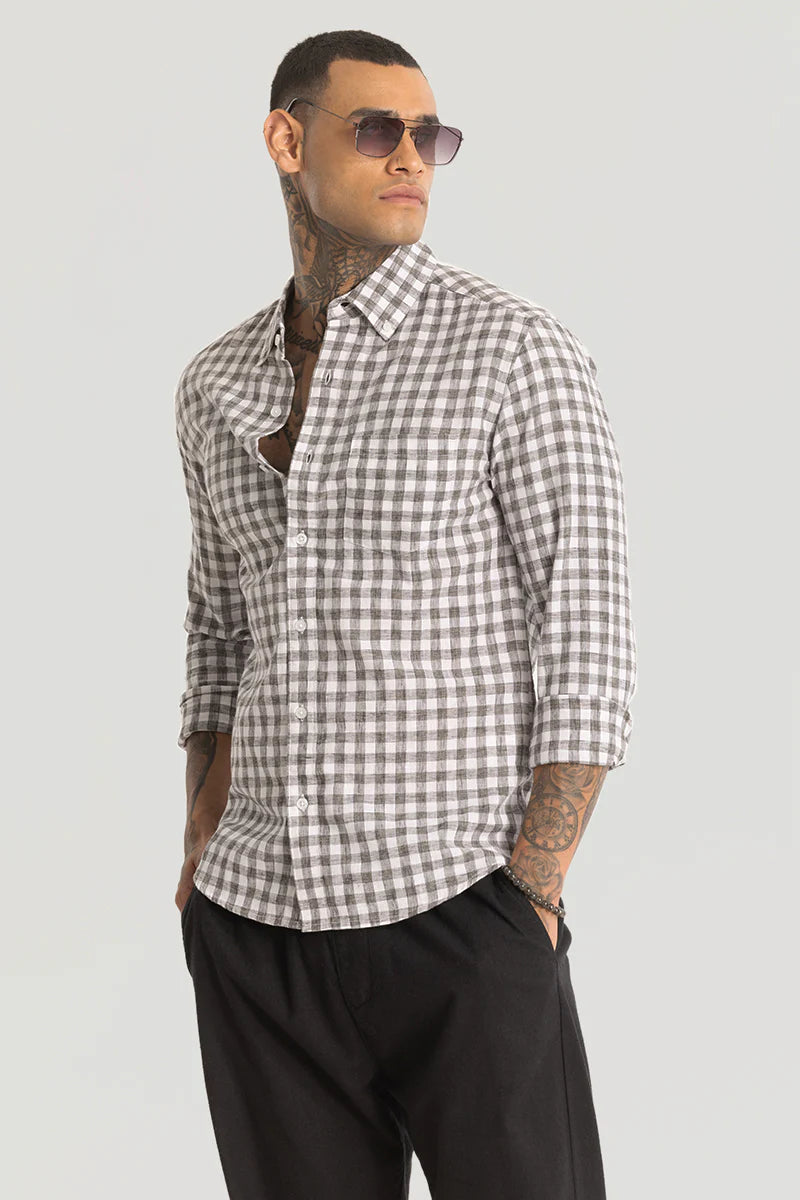 3 Beige Checks Linen Blend Shirt