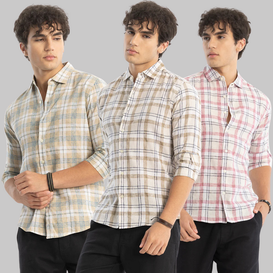 3 Beige Checks Linen Blend Shirt