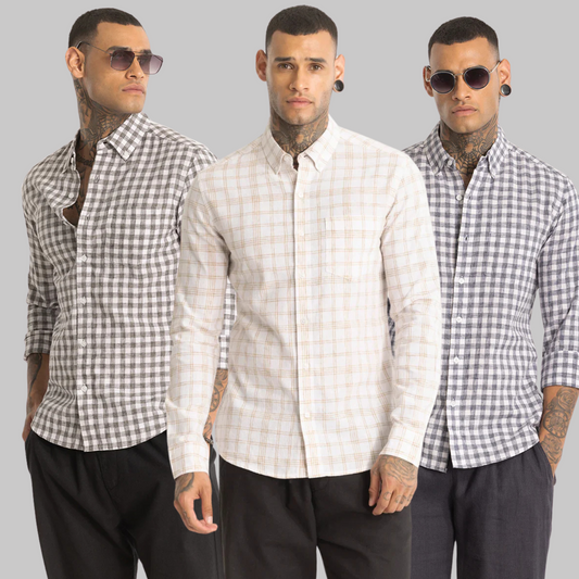 3 Beige Checks Linen Blend Shirt