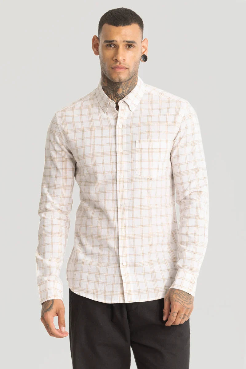 3 Beige Checks Linen Blend Shirt